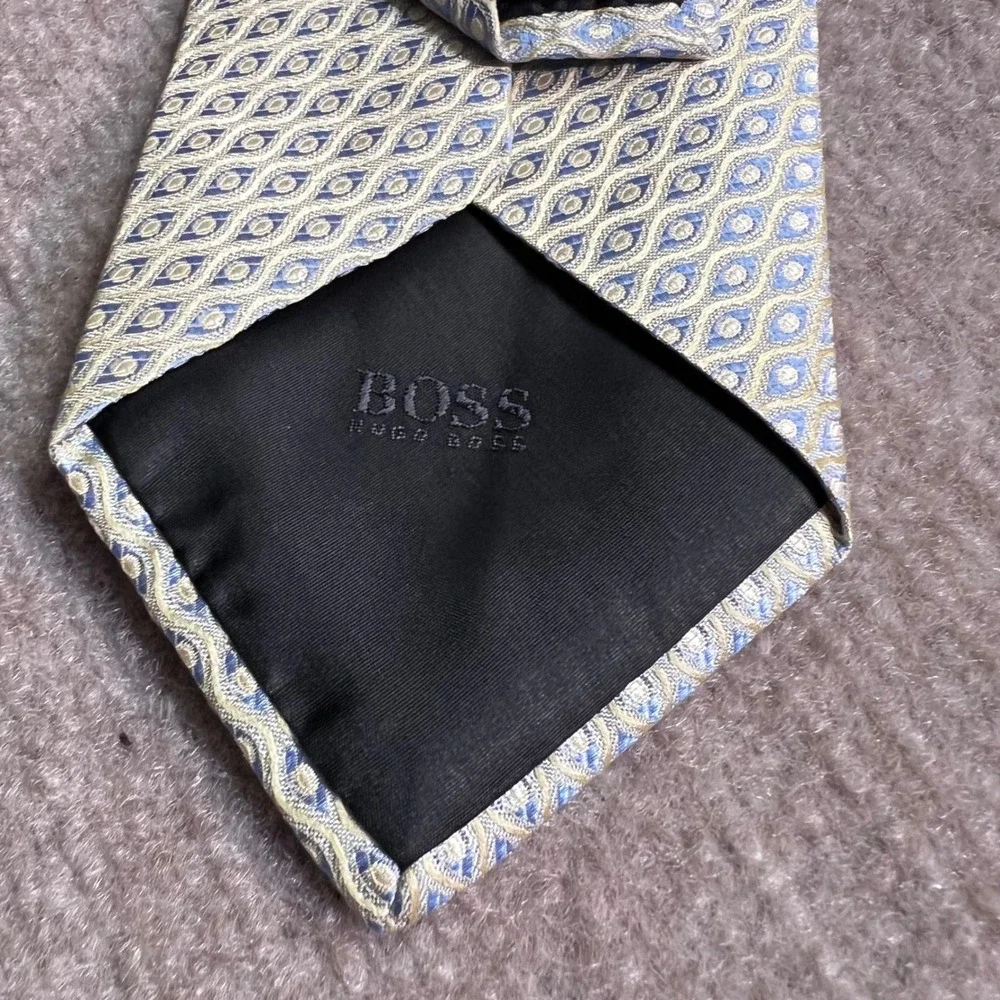 Hugo Boss Tie Mens Blue Yellow Geometric Silk Necktie Italy Designer
